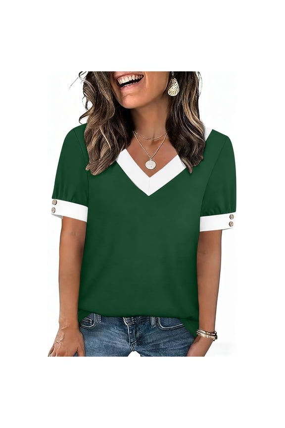 Women's Color Block Short Sleeve V-Neck Casual Top