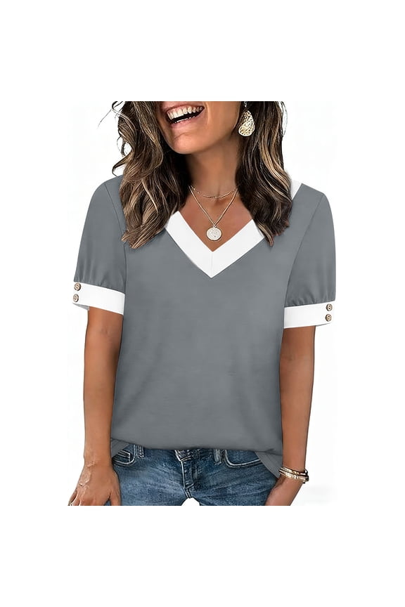 Women's Color Block Short Sleeve V-Neck Casual Top