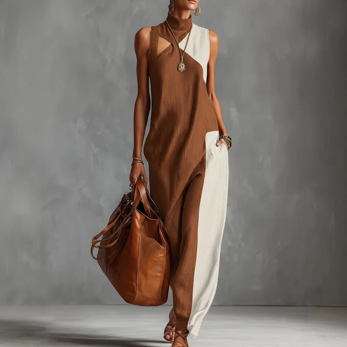 asymmetric high neck dress Zanvylia Women's Color Block Sleeveless Maxi Dress Asymmetric High Neck Woven Blend Dress, Size: Large