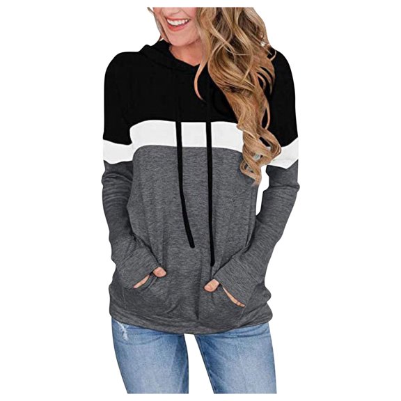Women's Color Block Splice Hoodie Round Neck Long Sleeve Drawstring Pullover Hooded Sweatshirt Track Top