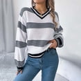 thumbnail image 1 of Women's Color Block Sweaters V-Neck Knitted Top Long Sleeve Fashion Pullover, 1 of 5