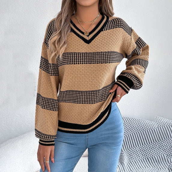 Women's Color Block Sweaters V-Neck Knitted Top Long Sleeve Fashion Pullover