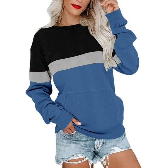 Women's Color Block Sweatshirt Casual Patchwork Crewneck Pullover Loose Lightweight Long Sleeve Tops with Pockets