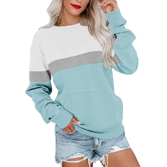 Women's Color Block Sweatshirt Casual Patchwork Crewneck Pullover Loose Lightweight Long Sleeve Tops with Pockets
