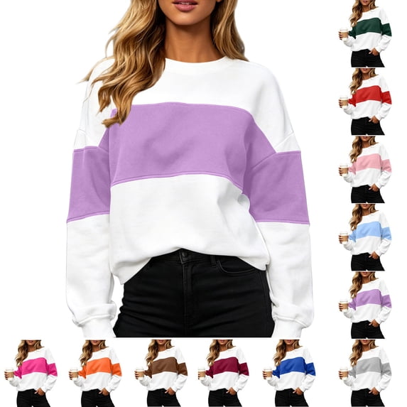 Women's Color Block Sweatshirt Long Sleeve Crew Neck Pullover Loose Fit Casual Fall Winter Top