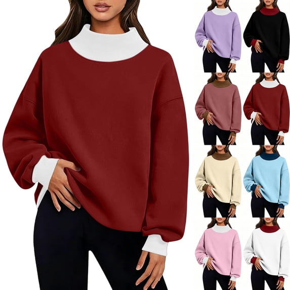 Women's Color Block Sweatshirts Casual Trendy Loose Turtleneck Long Sleeve Pullover Solid Blouse Sweatshirt Tops