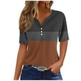 thumbnail image 1 of Women's Color Block T-shirts Buttons V Neck Short Sleeve Striped Summer Tops July 4th Festive Tshirts (2XL, Brown), 1 of 5