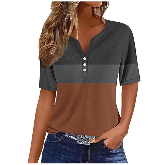 Women's Color Block T-shirts Buttons V Neck Short Sleeve Striped Summer Tops July 4th Festive Tshirts (2XL, Brown)