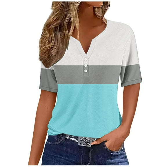 Women's Color Block T-shirts Buttons V Neck Short Sleeve Striped Summer Tops July 4th Festive Tshirts (2XL, Light Blue)