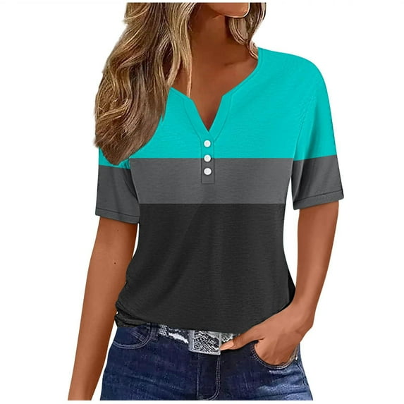 Women's Color Block T-shirts Buttons V Neck Short Sleeve Striped Summer Tops July 4th Festive Tshirts (M, Sky Blue)