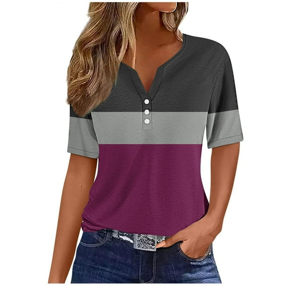 Women's Color Block T-shirts Buttons V Neck Short Sleeve Striped Summer Tops July 4th Festive Tshirts (S, Purple)