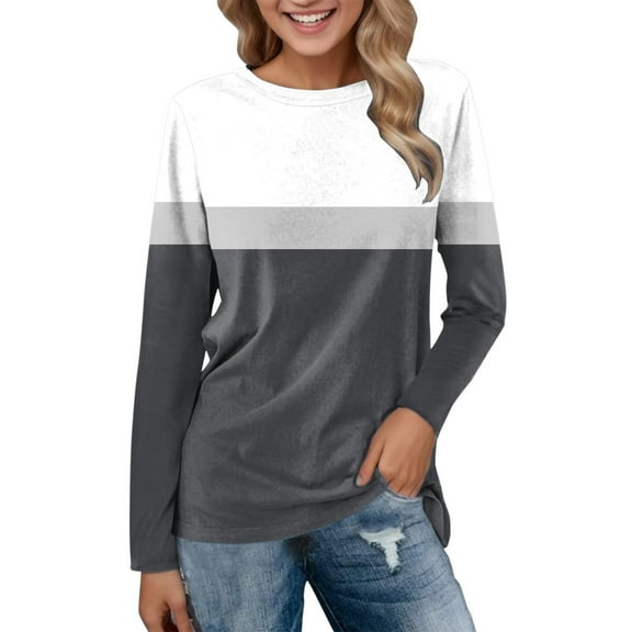Women's Color Block Tunic Tops Crewneck Long Sleeve Tops Lightweight Casual Fall Dressy Vacation Shirts