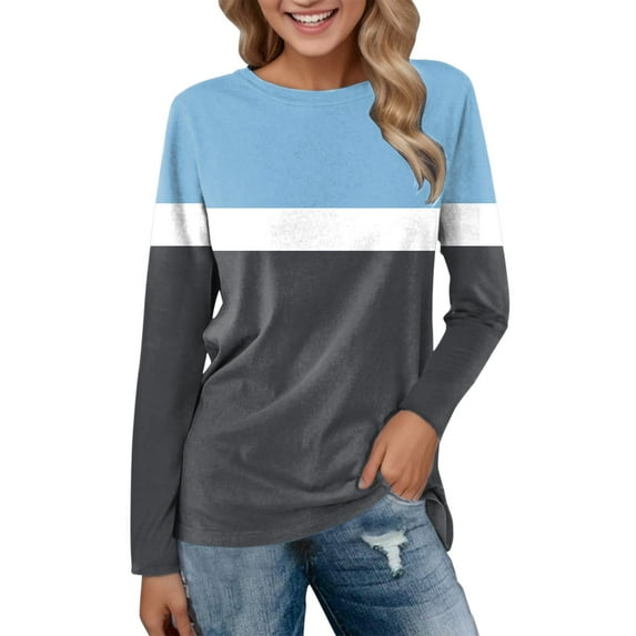 Women's Color Block Tunic Tops Crewneck Long Sleeve Tops Lightweight Casual Fall Dressy Vacation Shirts