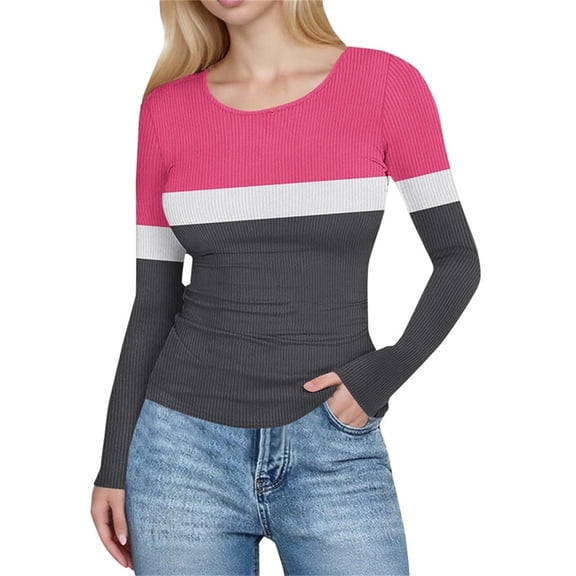 Women's Color Block Tunics Tops, Casual Striped Long Sleeve Shirts, Crew Neck Shirts Loose Blouses