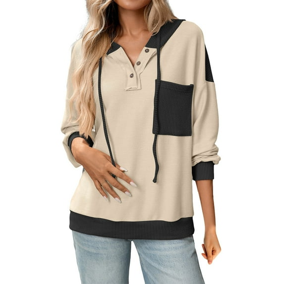 Women's Color Block Twist Stripe Oversized Hoodie, Button Detail Drawstring Hood Long Sleeve Sweatshirt with Pocket, Loose Fit Casual Streetwear for Fall and Daily Comfort Black L