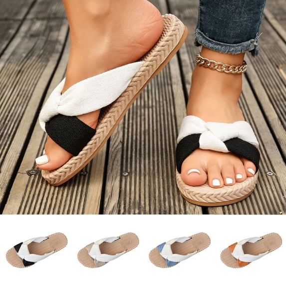 Women's Color Block Twisted Fabric Thong Slides Wide Width Open Toe Summer Casual Sandals Breathable Cloth Upper Lightweight Flat Non Slip Outdoor Beach Slippers