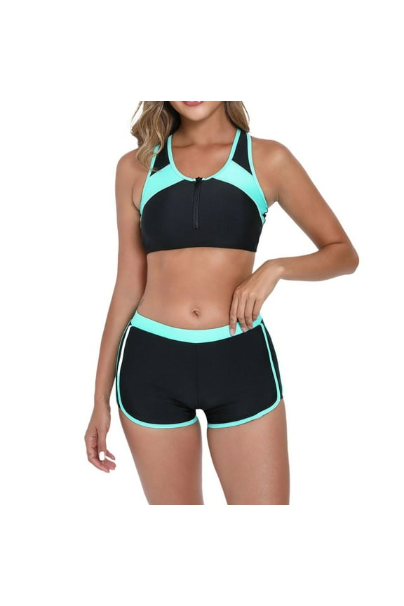 Women's Color Block Two Piece Surf Set Sexy Sleeveless Crop Top & High Waist Swim Shorts Athletic Matching Beachwear for Sport & Sun