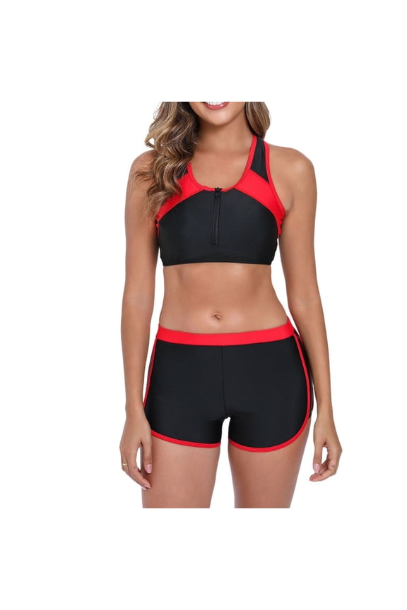 Women's Color Block Two Piece Surf Set Sexy Sleeveless Crop Top & High Waist Swim Shorts Athletic Matching Beachwear for Sport & Sun