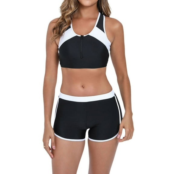 Women's Color Block Two Piece Surf Set Sexy Sleeveless Crop Top & High Waist Swim Shorts Athletic Matching Beachwear for Sport & Sun