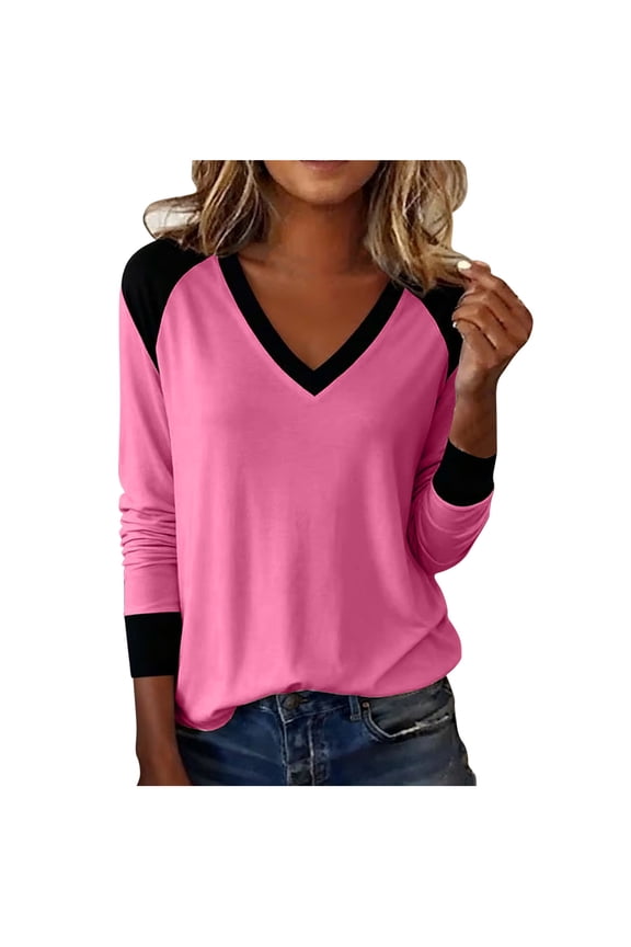 Women's Color Block V-Neck Long Sleeve Blouse - Loose Fit Lightweight Fall Layering Tunic Top, Soft Stretch Wrinkle-Resistant Casual Blouse