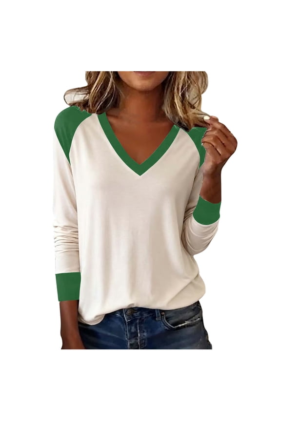 Women's Color Block V-Neck Long Sleeve Blouse - Loose Fit Lightweight Fall Layering Tunic Top, Soft Stretch Wrinkle-Resistant Casual Blouse