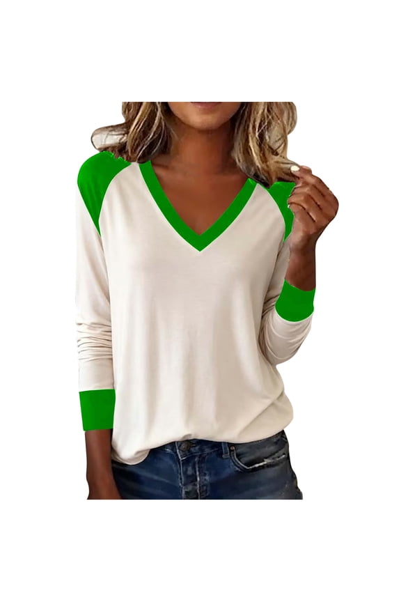 Women's Color Block V-Neck Long Sleeve Blouse - Loose Fit Lightweight Fall Layering Tunic Top, Soft Stretch Wrinkle-Resistant Casual Blouse