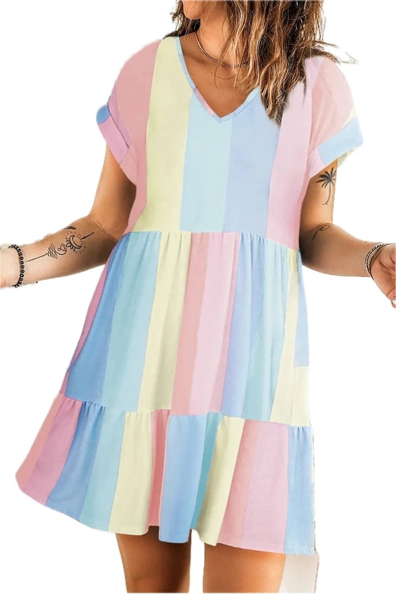 Women's Color Block V Neck Short Sleeve Mini Dress 95% polyester 5% elastane comfortable easy care machine washable