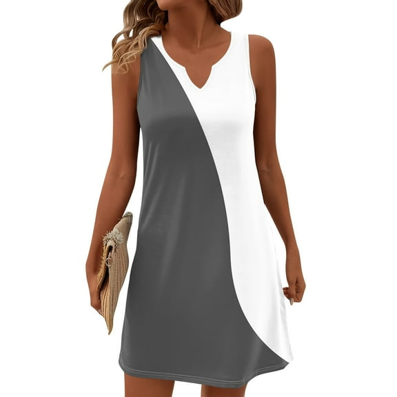 Women's Color Block V-Neck Sleeveless Sundress Geometric Print Summer Casual Dress with Elastic Waist for Art Museum Visits,Gray 2XL