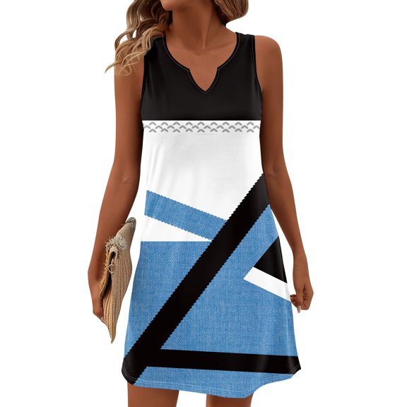 Women's Color Block V-Neck Sleeveless Sundress Geometric Print Summer Casual Dress with Elastic Waist for Art Museum Visits,Light Blue XL