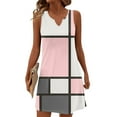 thumbnail image 1 of Women's Color Block V-Neck Sleeveless Sundress Geometric Print Summer Casual Dress with Elastic Waist for Art Museum Visits,Pink L, 1 of 5