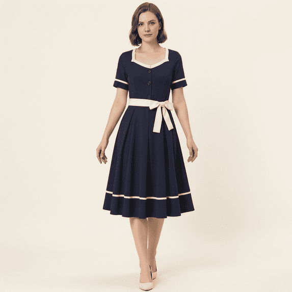 QSAWXQZ Women's Color Block Vintage Bow Tie a-line Flared Midi Dress Navy M
