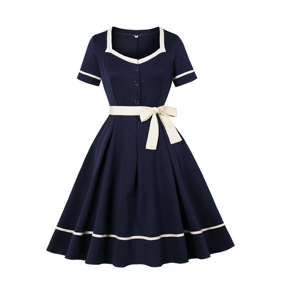 Women's Color Block Vintage Dress Bow Tie A Lined Flared Midi Dress Navy M