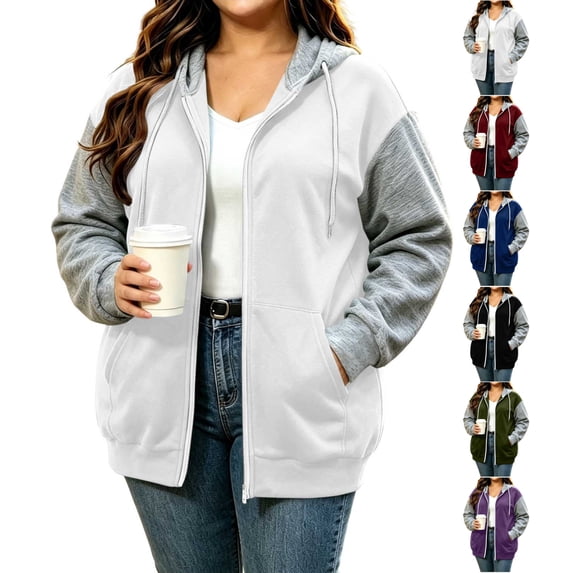 Women's Color Block Zip Up Hoodie Jacket Plus Size Casual Long Sleeve Sweatshirt with Side Pockets for Fall Winter