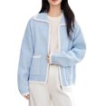 thumbnail image 1 of Women's Color Block Zip Up Sweater Lapel Collar Chunky Knit Jacket Long Sleeve with Pockets Casual Coat Blue Free Size, 1 of 7