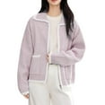 thumbnail image 1 of Women's Color Block Zip Up Sweater Lapel Collar Chunky Knit Jacket Long Sleeve with Pockets Casual Coat Purple Free Size, 1 of 5