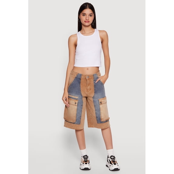 Women's Color Blocked Cargo Bermuda Denim Shorts