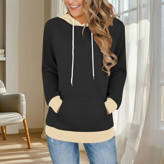 Women's Color Blocked Fashionable Loose Casual Long Sleeved Pocket Hooded Sweatshirt Top, Pullover Hoodie with Contrast Design for Street Style and Comfortable Daily Wear