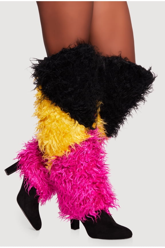 Women's Color Blocked Shaggy Faux Fur Knee High High Heels