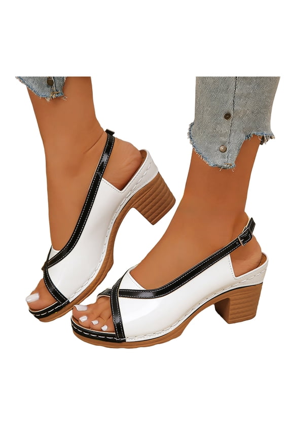 Women's Color Blocked Slingback Heeled Sandals Comfortable Slip On Chunky Heels Platform Dress Sandal White Size 8