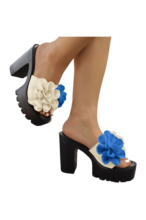 Women's Color Blocking Floral Decor Heels Sandals Chunky High Heel Platform Mules Boho Open Toe Slip On Beach Slides Blue Size 6.5