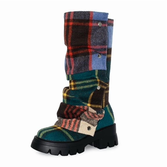 Women's Color Blocking Plaid Wide Calf Platform Slouch Overlay Combat Boots Mid Calf Detachable Cnaps Create Chunky Heel Pull On Panel Fashion Round toe Party Dress Boots 8