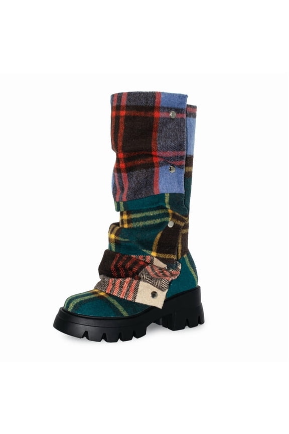 Women's Color Blocking Plaid Wide Calf Platform Slouch Overlay Combat Boots Mid Calf Detachable Cnaps Create Chunky Heel Pull On Panel Fashion Round toe Party Dress Boots 9