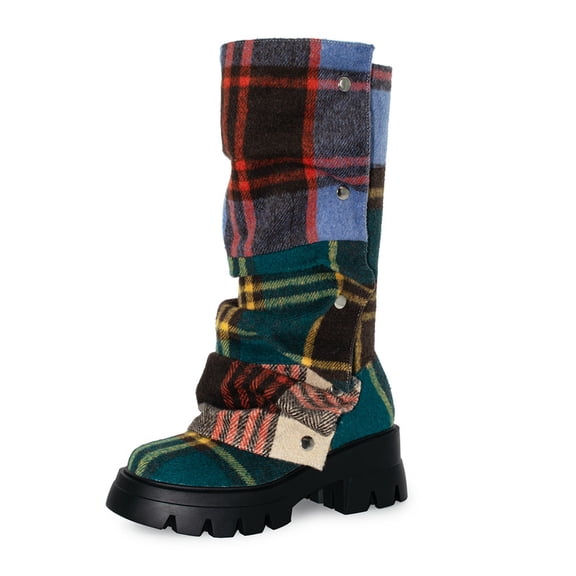 Women's Color Blocking Plaid Wide Calf Platform Slouch Overlay Combat Boots Mid Calf Detachable Cnaps Create Chunky Heel Pull On Panel Fashion Round toe Party Dress Boots 8