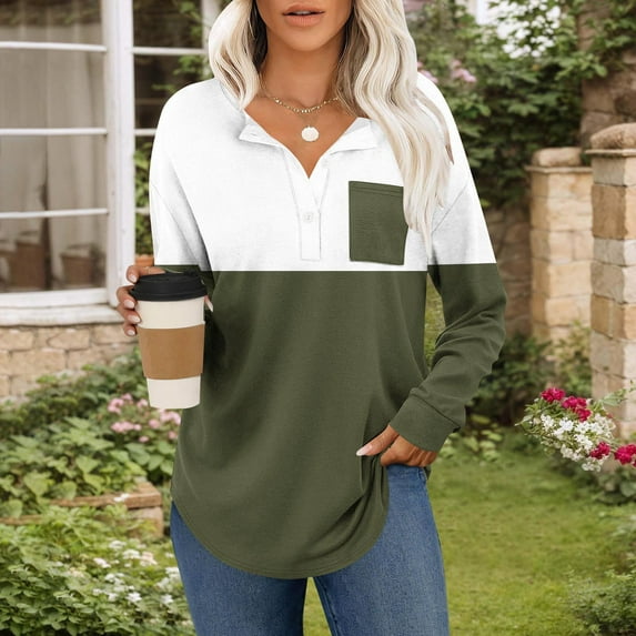 Women's Color Blocking Printing Blouses Long Sleeved Button V-Neck Pullover Fashionable Top