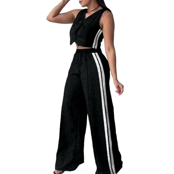 Women's Color Casual Fashion Sleeveless Vest And Pants Two-piece Set Black L Black L