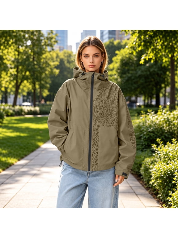 Women's Color Changing Rain Jacket, Leopard Print Hooded Windbreaker, Zip Up Lightweight Waterproof Jacket with Pockets for Outdoor Cycling Khaki S