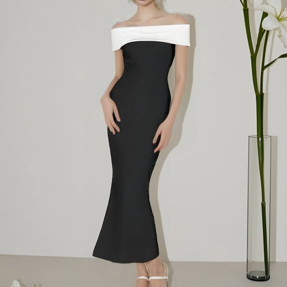 Women's Color Contrast Sexy One Shoulder Slim Fit Wrap Dress Elegant Dresses for Women Formal Formal Dress Long Womens Dresses with Split Beaded Dress Formal Dress for Wedding Gown Tall High Low Dress