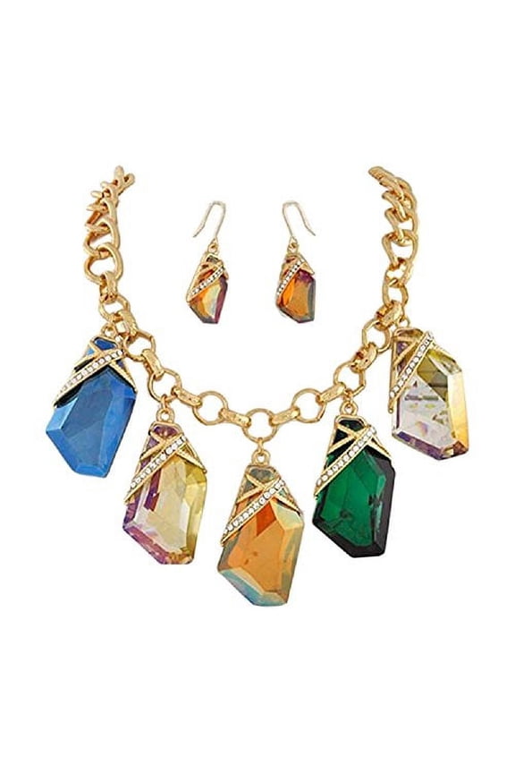 Women's Color Glass Charm Necklace Set