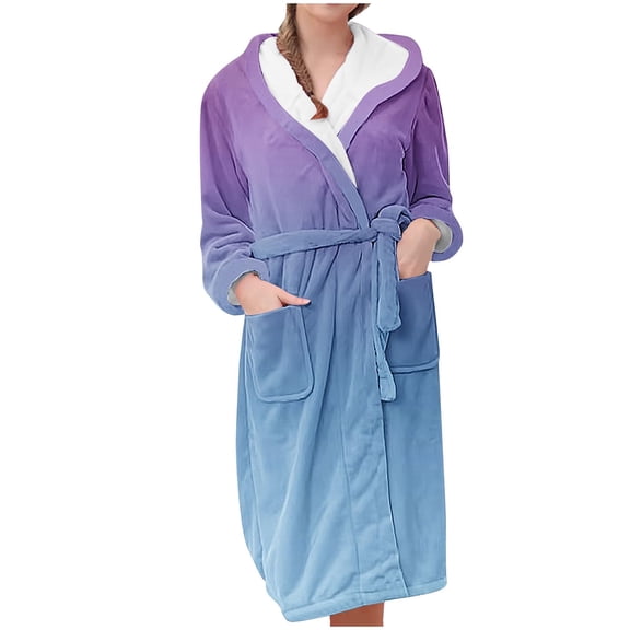 Women's Color Gradient Plush Bathrobe, Ombre Fade Hooded Robe, Long Length Belted Loungewear, Soft Fleece Kimono Style Gown, Cozy Gradient Color Change Robe Purple M