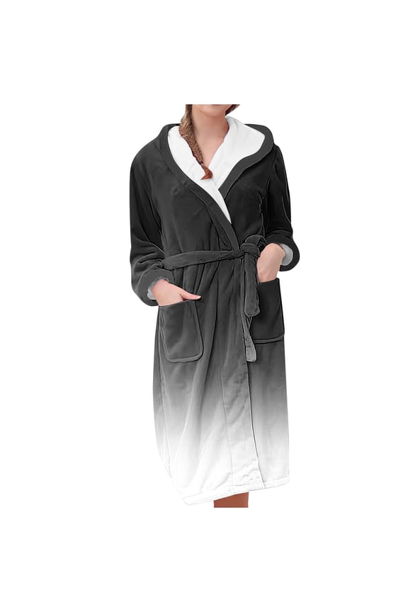 Women's Color Gradient Plush Bathrobe, Ombre Fade Hooded Robe, Long Length Belted Loungewear, Soft Fleece Kimono Style Gown, Cozy Gradient Color Change Robe Black M